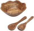 Gibson Home Sandhurst 3-Piece Acacia Wood Salad Bowl Set – 12-Inch Scalloped Serving Bowl with Wooden Salad Servers – Natural Rustic Finish for Dining, Entertaining, or Gifting by GibsonHomewares