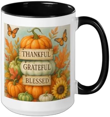Thankful Grateful Blessed - Fall Pumpkin Family Thanksgiving Ceramic Mug, Black/White, 15oz - Image 2