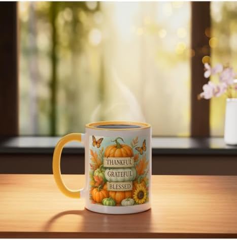 Thankful Grateful Blessed - Fall Pumpkin Family Thanksgiving Ceramic Mug, Yellow/White, 11oz - Image 3