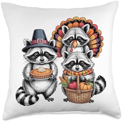 Thanksgiving Raccoon Trio Pilgrim Turkey Harvest Throw Pillow by Unknown