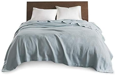 Madison Park 100% Egyptian Cotton Summer Blanket Full Queen Size Light Blue | Cozy Soft Breathable Durable, Waffle Weave Woven Casual, Lightweight Knit All Season Throw for Bed Couch or Sofa, OEKO TEX