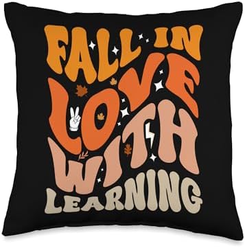 Fall In Love With Learning Fall Teacher Thanksgiving Groovy Throw Pillow by Unknown
