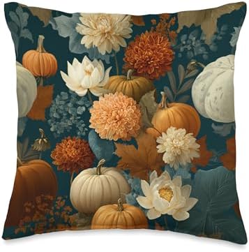 Vintage Autumn Flower Fall Pumpkin Thanksgiving Fall Themed Throw Pillow by Unknown