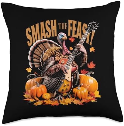 Smash The Feast Thanksgiving Turkey Pilgrim Guitarist Throw Pillow by Unknown