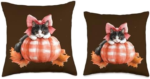 Cute Halloween Pumpkin Cat Pink Fall Plaid Thanksgiving Girl Throw Pillow - Image 3