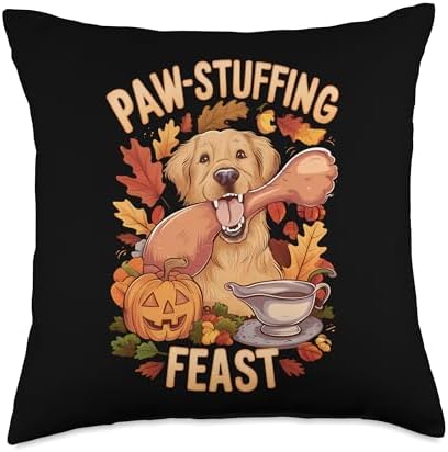 Paw-stuffing Feast Retriever Thanksgiving Golden Dog Throw Pillow by Unknown