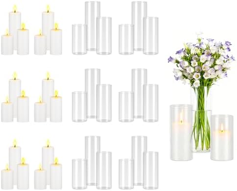 VEVOR Pillar Candles and Glass Vases Set 36 Pcs, Clear Cylinder Hurricane Candle Holders for Wedding Centerpieces, Tall Vase for Table Decor, Wedding Party, Thanksgiving,White (2.56" x 4.7",5.9",7.9") by VEVOR