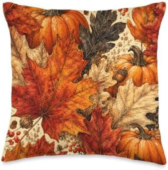 Vintage Autumn Pumpkin & Maple Leaves Fall Pattern Throw Pillow by Unknown