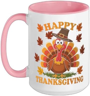 Happy Thanksgiving Funny Turkey Family Dinner Thanksgiving Ceramic Mug, Pink/White, 15oz by Unknown