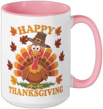 Happy Thanksgiving Funny Turkey Family Dinner Thanksgiving Ceramic Mug, Pink/White, 15oz - Image 2