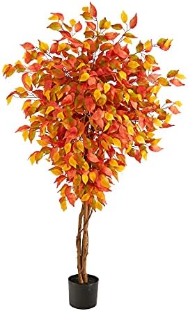 Nearly Natural 5ft Autumn Ficus Artificial Fall Tree in Black Nursery Pot by NearlyNatural