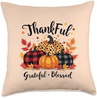 Thanksgiving Fall Leaves Pumpkin Thankful Grateful Blessed Throw Pillow by Unknown