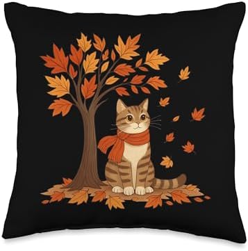 Cat Leaf Fall Tree Hello Autumn Thanksgiving Halloween Throw Pillow by Unknown