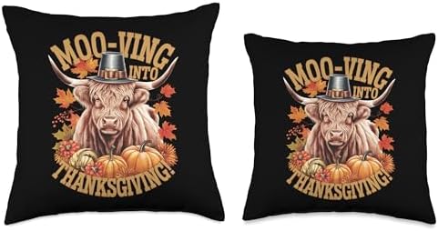 Moo-ving Into Thanksgiving Highland Cow Festive Throw Pillow - Image 3