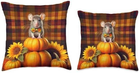Autumn Mouse Rat Pet Thanksgiving Pumpkins Sunflowers Throw Pillow - Image 3