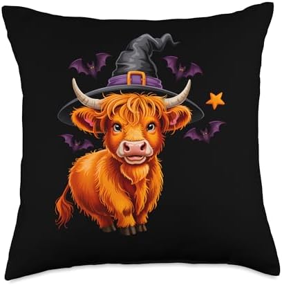 Retro Halloween Highland Cow Pumpkin Fall Cow Thanksgiving Throw Pillow by Unknown