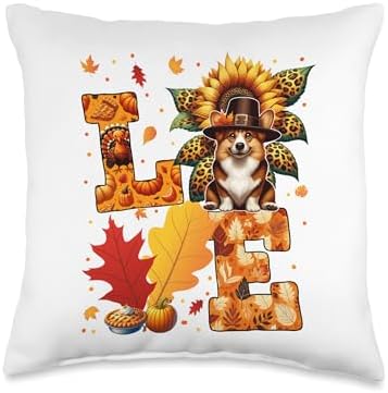 LOVE Thanksgiving Corgi Costume Fall Leaves Sunflower Throw Pillow by Unknown