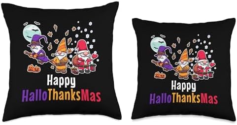 Hallothankmas Gnomes Halloween Thanksgiving Christmas 2026 Throw Pillow - Image 3