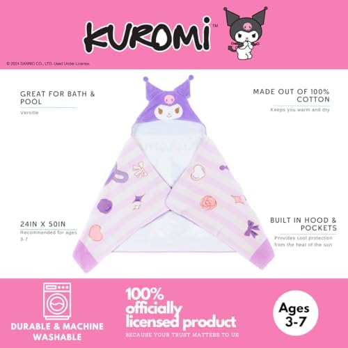 Sanrio Kuromi Kids Super Soft Bath/Pool/Beach Soft Cotton Terry Hooded Towel Wrap, 24 in x 50 in, (Officially Licensed Product) by Franco