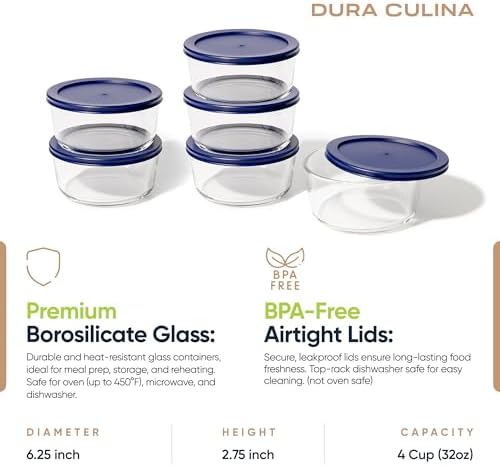 12-Piece Glass Food Storage Containers Set (6 Containers + 6 BPA-Free Lids) | 4-Cup, Leakproof | Microwave, Freezer, Oven & Dishwasher Safe | Ideal for Meal Prep & Pantry Organization, Blue