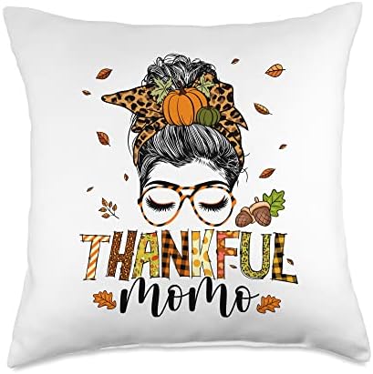 Thankful Momo Leopard Messy Bun One Thankful Momo Messy Bun Leopard Thanksgiving Family Throw Pillow, 18x18, Multicolor by Unknown