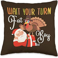 Funny Thanksgiving Wait Your Turn Fat Boy Turkey & Santa Throw Pillow by Unknown
