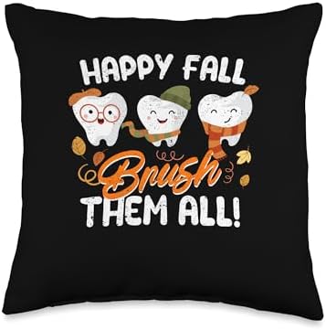 Fall Leaves Shirt Autumn Foliage Pumpkin Decor Happy Fall Brush Them All Dental Dentist Squad Thanksgiving Throw Pillow, 16x16, Multicolor by Unknown