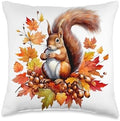 Autumn Squirrel Woodland Pet Fall Leaf Acorns Thanksgiving Throw Pillow by Unknown