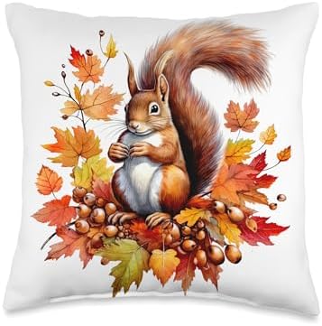 Autumn Squirrel Woodland Pet Fall Leaf Acorns Thanksgiving Throw Pillow by Unknown