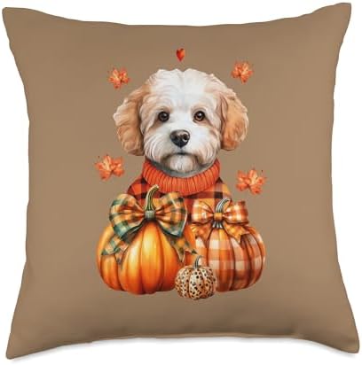 Watercolor Bichon Frisé Dog Pumpkin Autumn Fall Thanksgiving Throw Pillow by Unknown