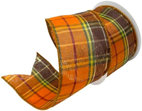 Morex Ribbon Fall Harvest Plaid Wired Ribbons, Fall Home Décor, Orange and Brown, Golden Metallic, 5 Pack 2-1/2" x 10yd - Image 2