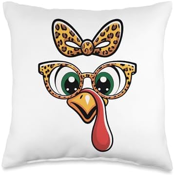 Thanksgiving Turkey Face Leopard Bow Glasses Women Girls Throw Pillow by Unknown