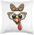 Thanksgiving Turkey Face Leopard Bow Glasses Women Girls Throw Pillow by Unknown