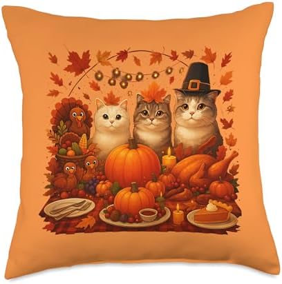 Fall Thanksgiving Cats Dinner Feast Vintage Fall Home Decor Throw Pillow by Unknown