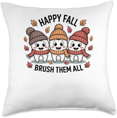Happy Fall Brush Them All Dentist Teeth Thanksgiving Dental Throw Pillow by Unknown