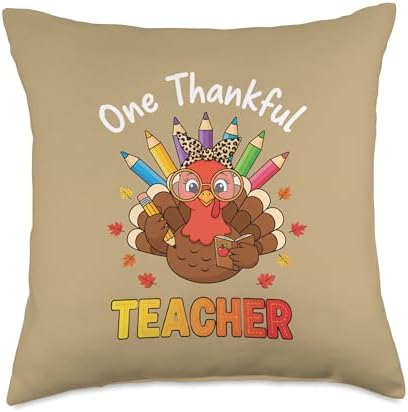 Teacher One Thankful Teacher Thanksgiving Turkey Pencil Fall Throw Pillow by Unknown