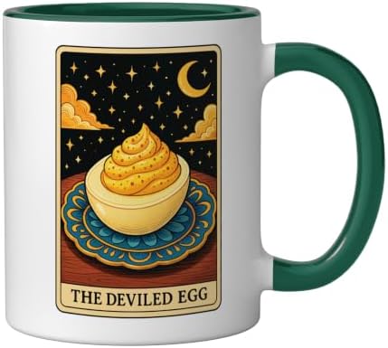 The Deviled Egg Tarot Card Ceramic Mug, Dark Green/White, 11oz - Image 2