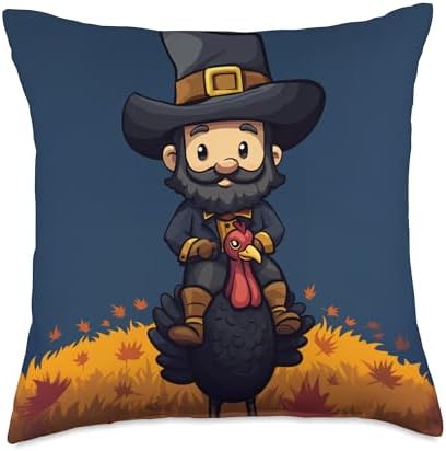 Cute Pilgrim and Turkey Thanksgiving Home Throw Pillow by Unknown