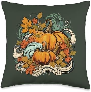 Pumpkins Fall Season Autumn Leaves Thanksgiving Vintage Throw Pillow by Unknown