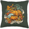 Pumpkins Fall Season Autumn Leaves Thanksgiving Vintage Throw Pillow by Unknown