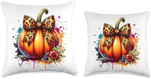 Thanksgiving Pumpkin Leopard Coquette Bow Halloween Throw Pillow - Image 3