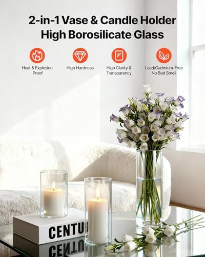 VEVOR Pillar Candles and Glass Vases Set 36 Pcs, Clear Cylinder Hurricane Candle Holders for Wedding Centerpieces, Tall Vase for Table Decor, Wedding Party, Thanksgiving,White (2.56" x 4.7",5.9",7.9") - Image 3