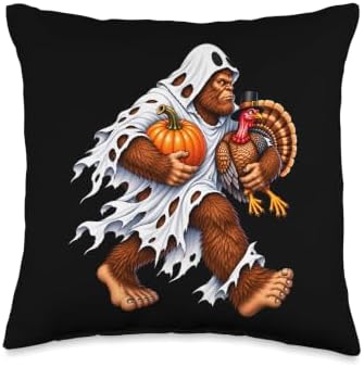 Bigfoot Ghost Turkey Pumpkin Thanksgiving Sasquatch for Boys Throw Pillow by Unknown