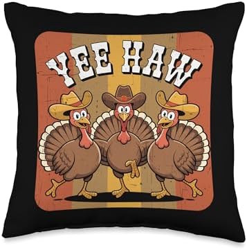 Retro Turkey Cowboy Thanksgiving Day Rodeo Western Cowgirl Throw Pillow by Unknown