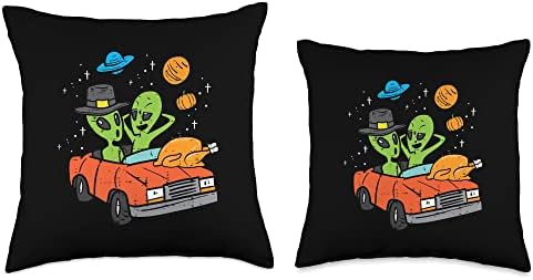 Thanksgiving 2 Aliens Turkey Car ET UFO Space Men Women Kids Throw Pillow - Image 3
