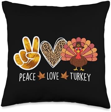 Peace Love Turkey - Thanksgiving Day Fall Holiday Turkey Day Throw Pillow by Unknown