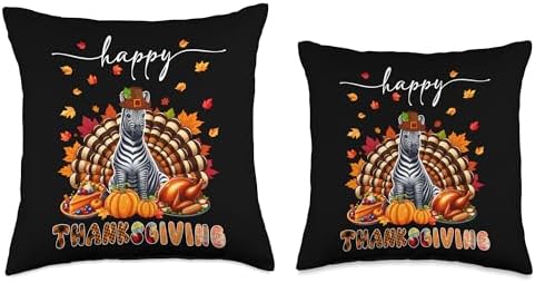 Happy Thanksgiving Zebra Costume Turkey Fall Leaves Food Throw Pillow - Image 3