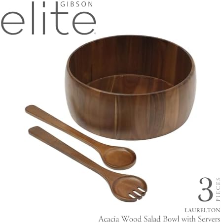 Gibson Home Laurelton 3-Piece Acacia Wood Salad Serving Bowl Set – Large 13-Inch Bowl with 2 Serving Tools - Image 2
