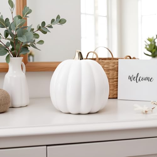 Pearhead Ceramic Pumpkin Fall Decor with Gold Stem, White - Image 4
