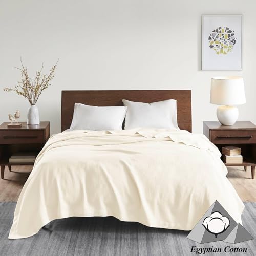 Madison Park 100% Egyptian Cotton King Size Bed Blanket for Summer Ivory | Cozy Soft Breathable Durable, Waffle Weave Woven Casual, Lightweight Knit All Season Throw for Bed Couch or Sofa, OEKO TEX